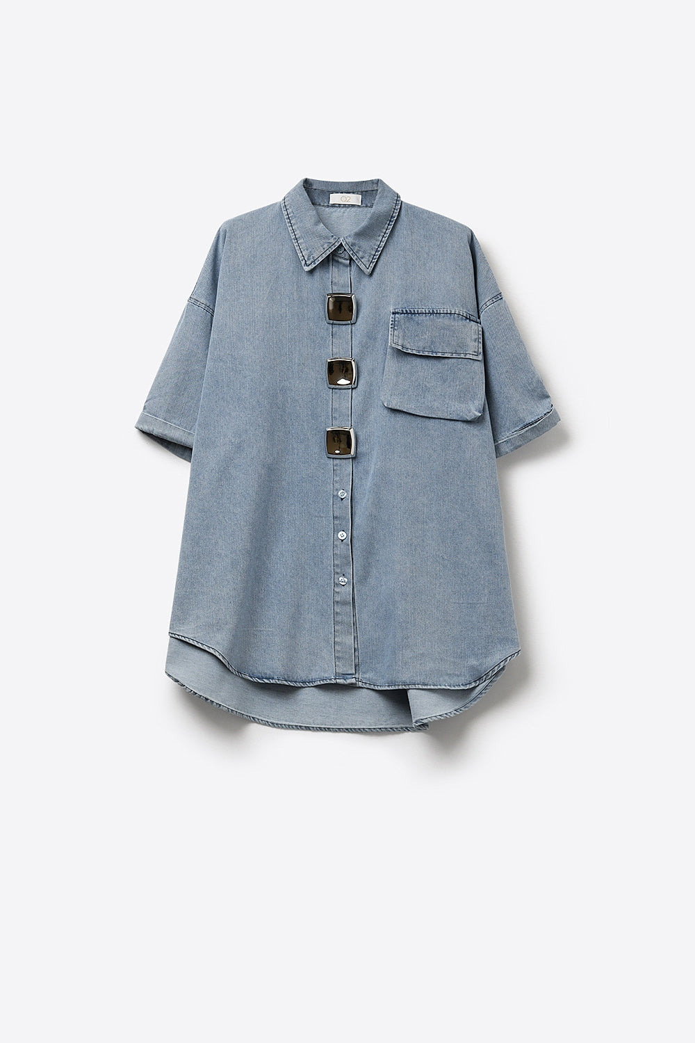 Light Wash Denim Short-Sleeve Shirt with big silver buttons