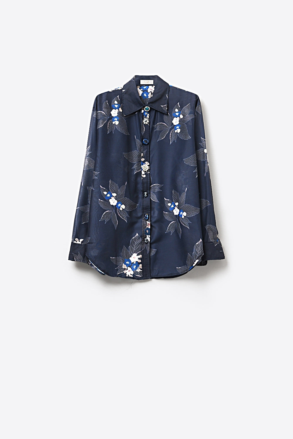 Navy Floral Button-Up Shirt in chiffon with Long Sleeves