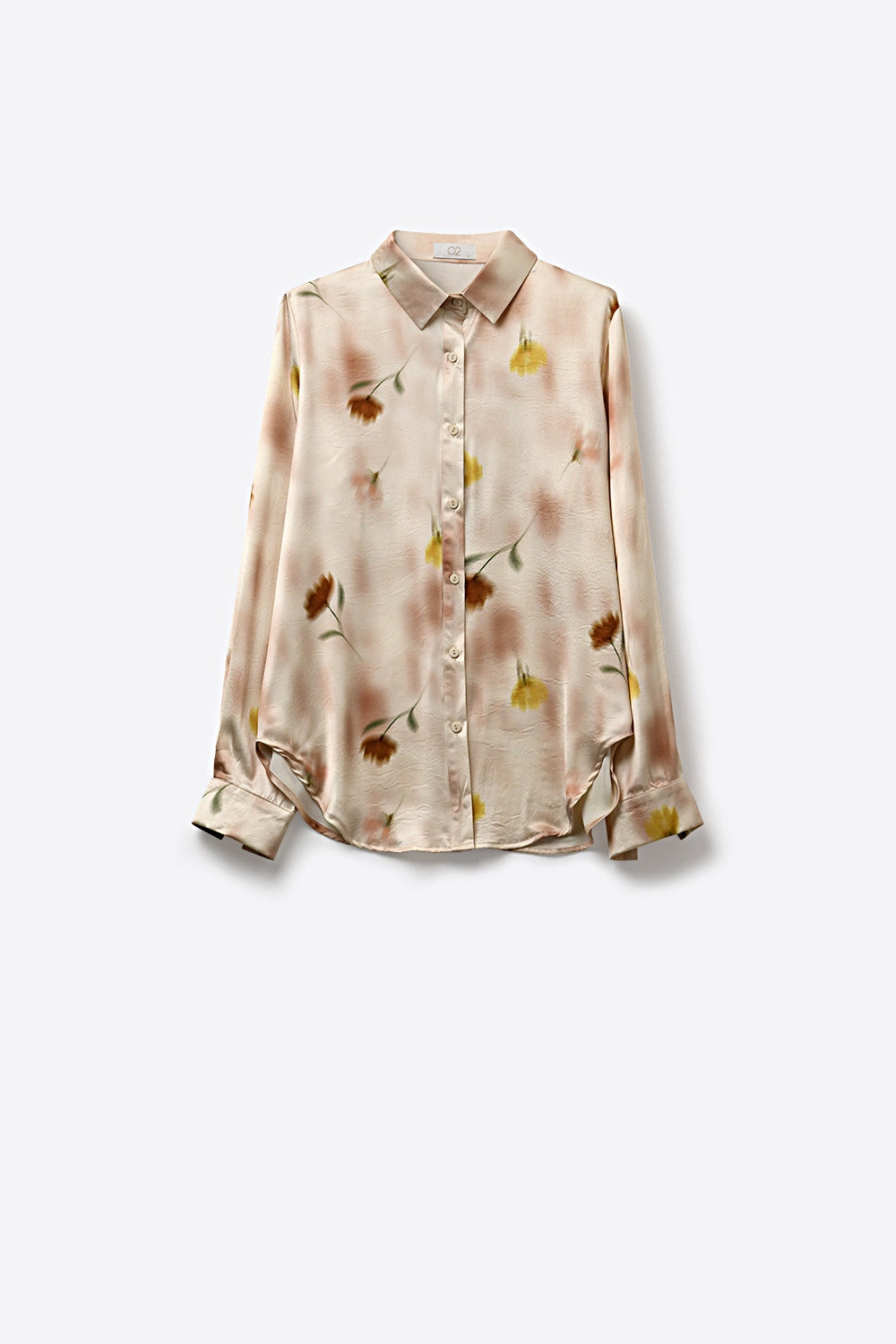Beige Floral Satin Button-Down Shirt