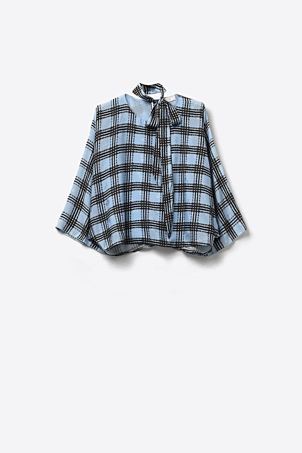 blue Chiffon Blouse with Check Print with Wide Sleeves and Neck Tie