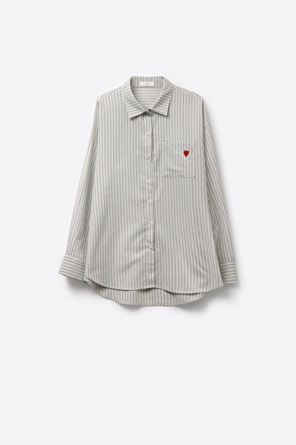 Grey Striped Relaxed Fit Button-Up Shirt with Heart Detail