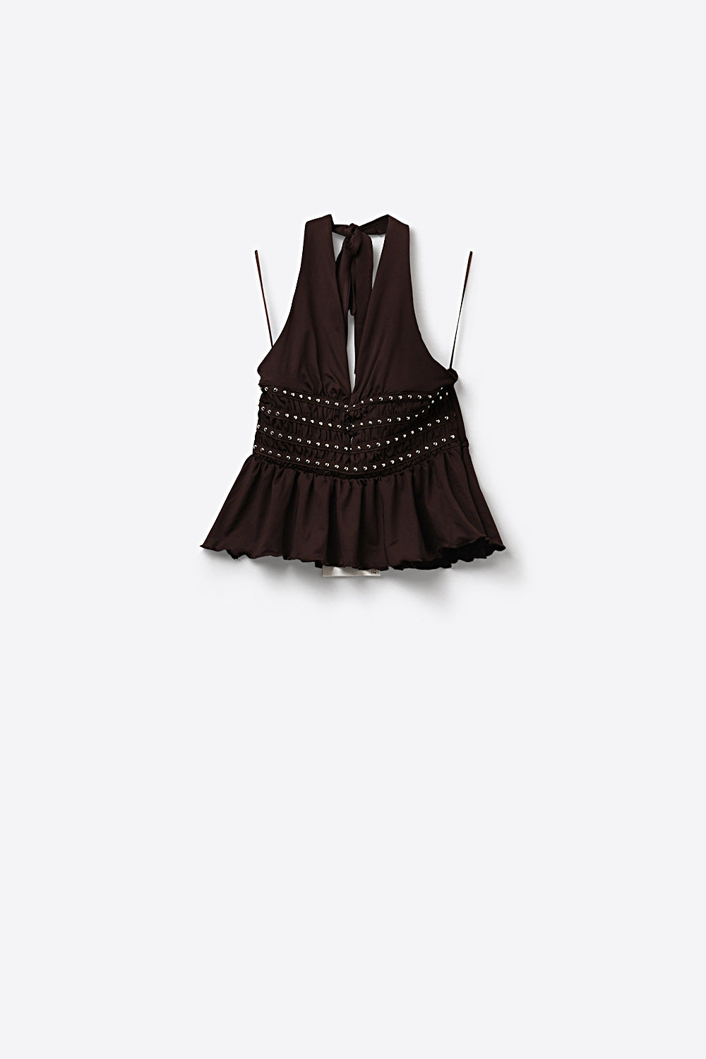 Brown Ruched Peplum halter Top with Stud Details