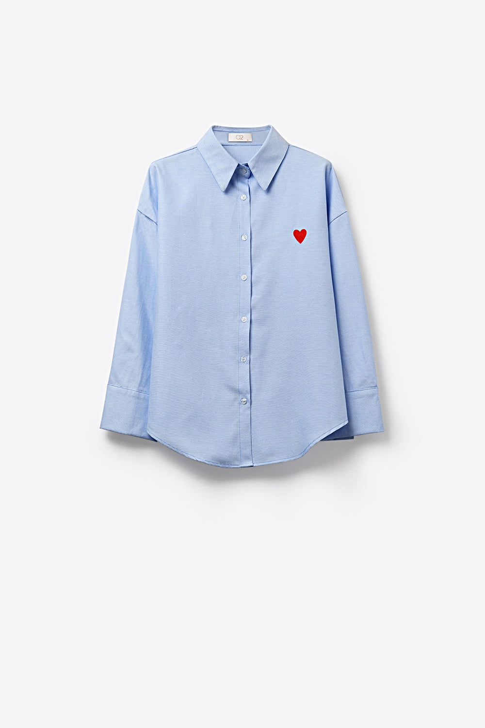 blue Oxford Cotton Shirt with Embroidered red Heart Detail