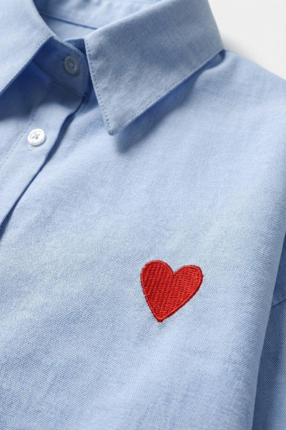 blue Oxford Cotton Shirt with Embroidered red Heart Detail