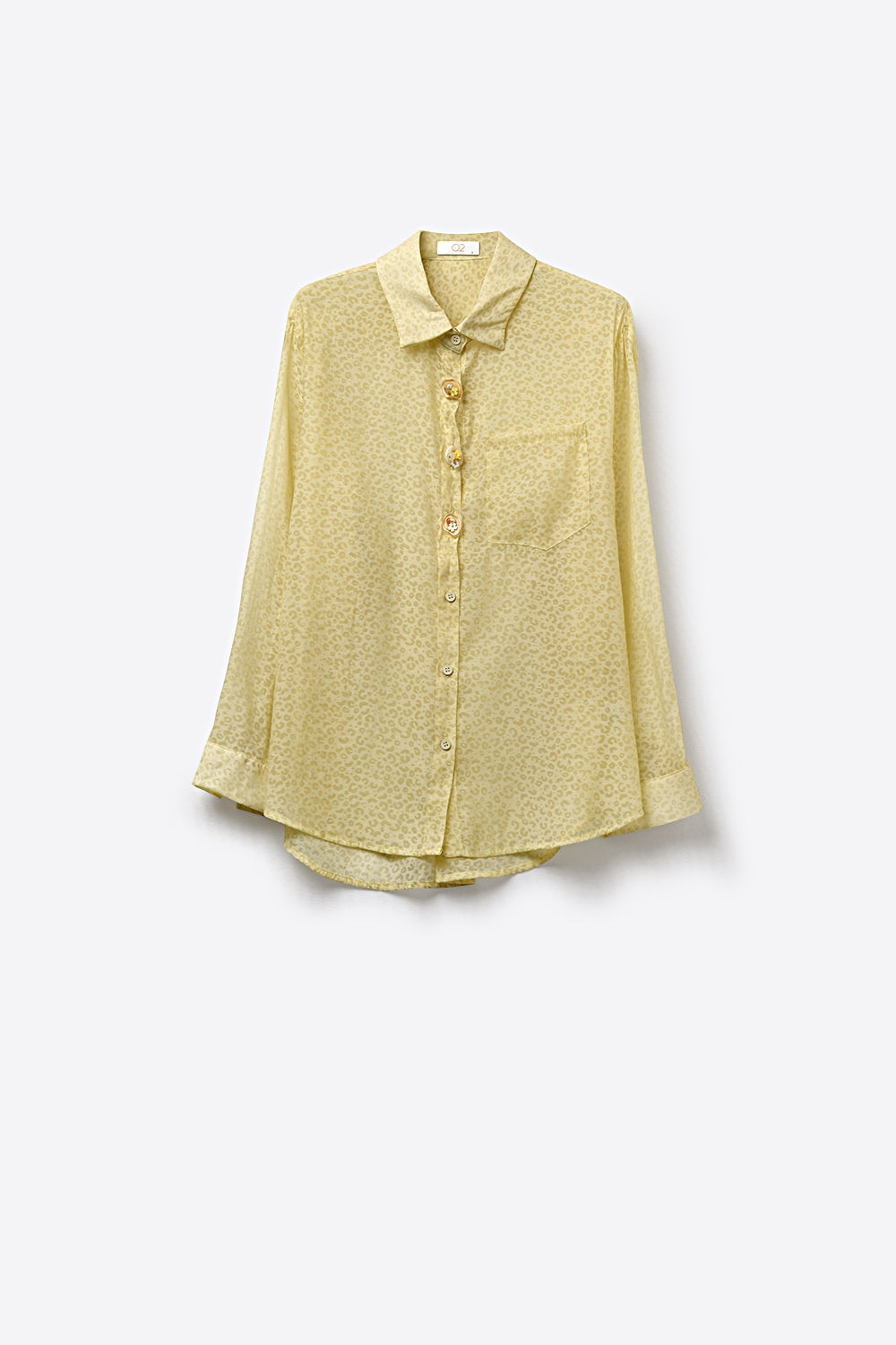 Light Yellow Button-Front Sheer Blouse with Subtle Print
