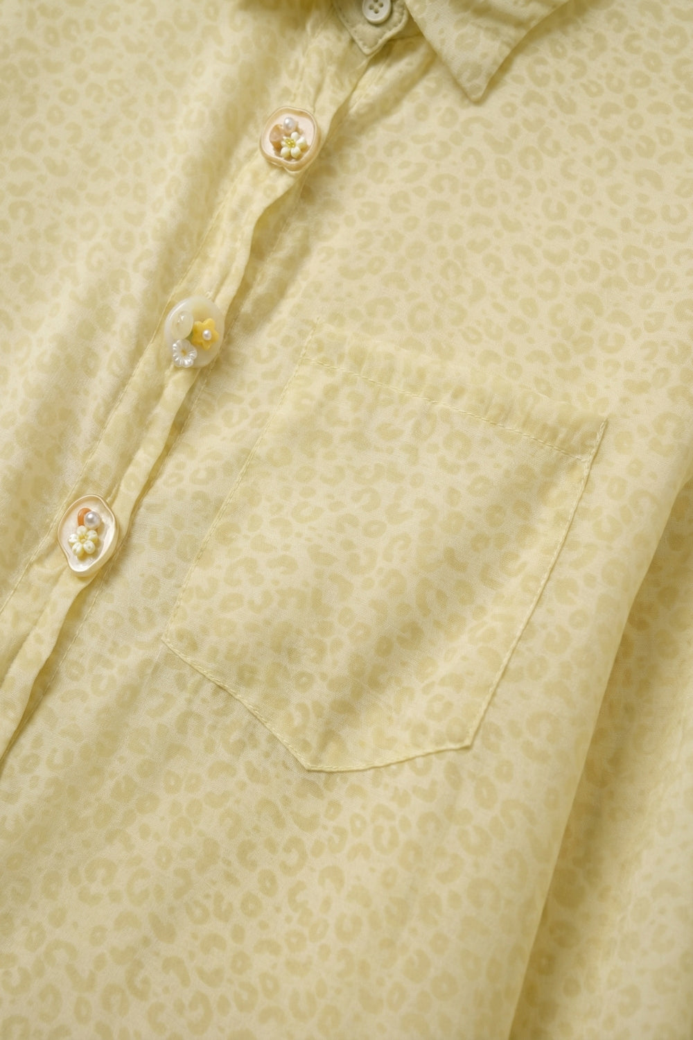 Light Yellow Button-Front Sheer Blouse with Subtle Print