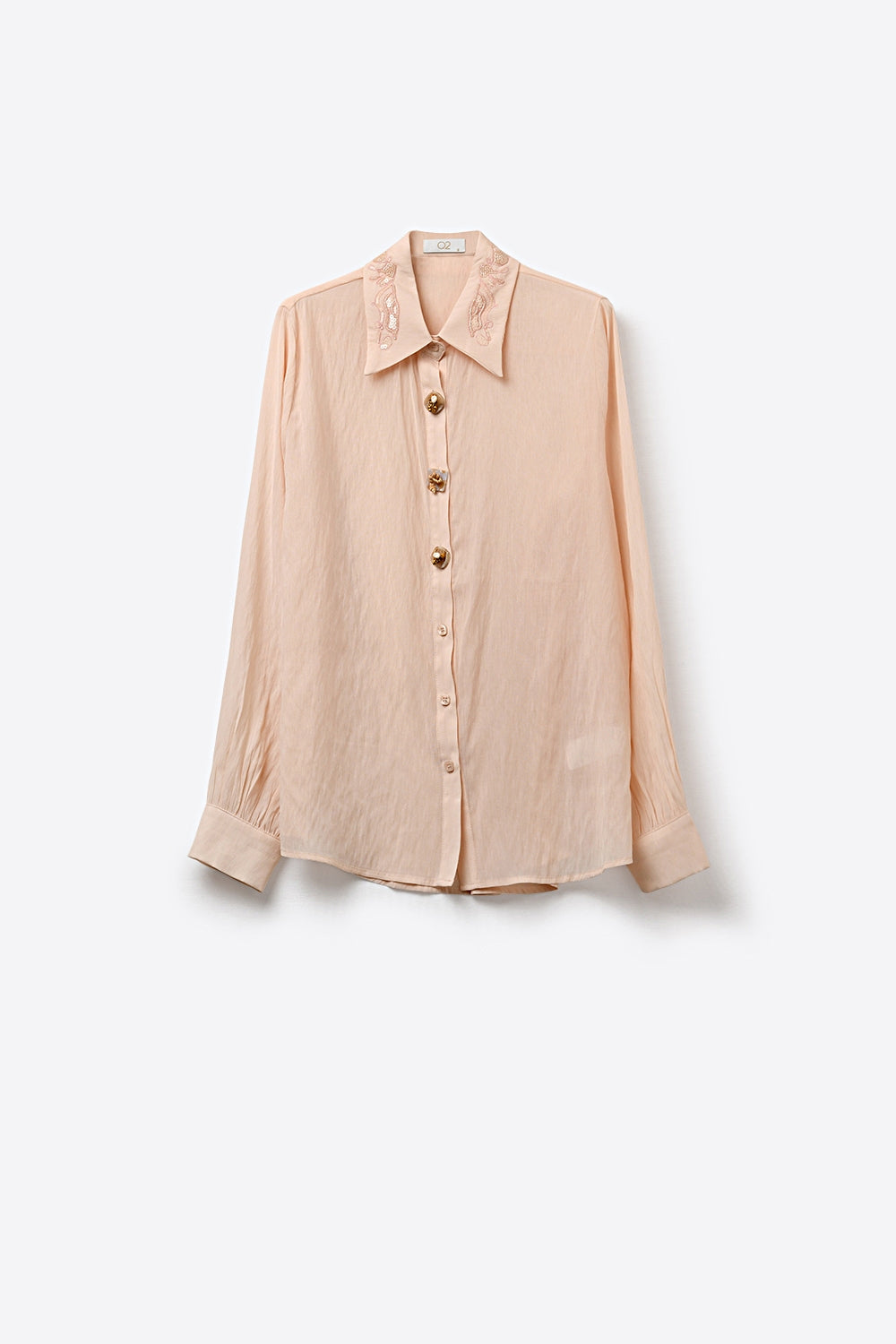 Pink Semi-Sheer Button-Up Shirt with Embroidered  sequin Collar