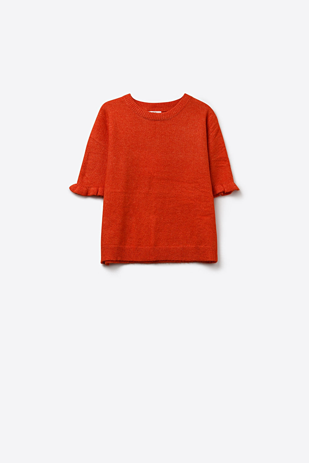 Orange Soft fluffy Knit sweater with Ruffled Sleeve Detail
