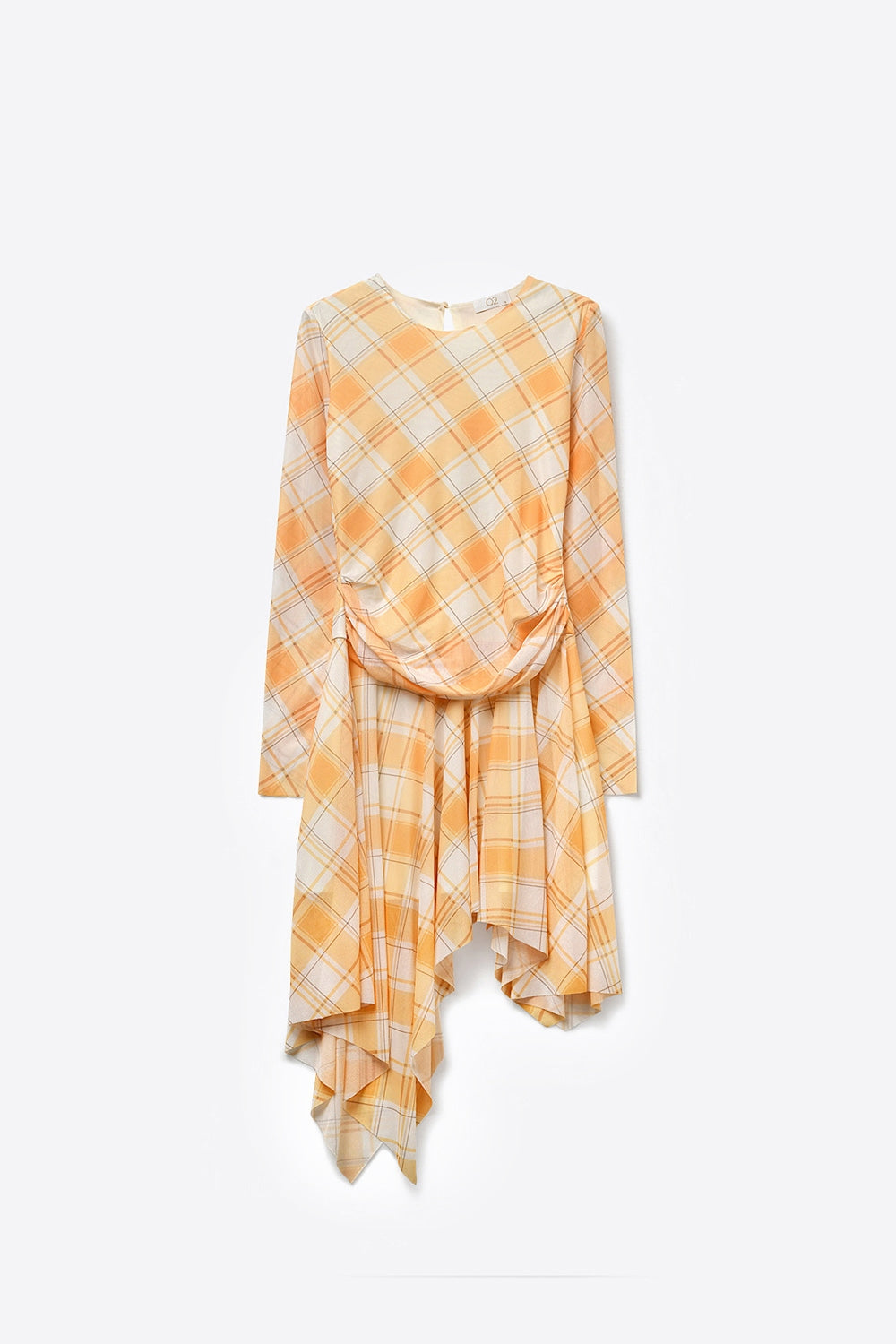 UNIKCOSA Mesh Fabric Plaid Long Sleeve Asymmetrical Dress in Orange