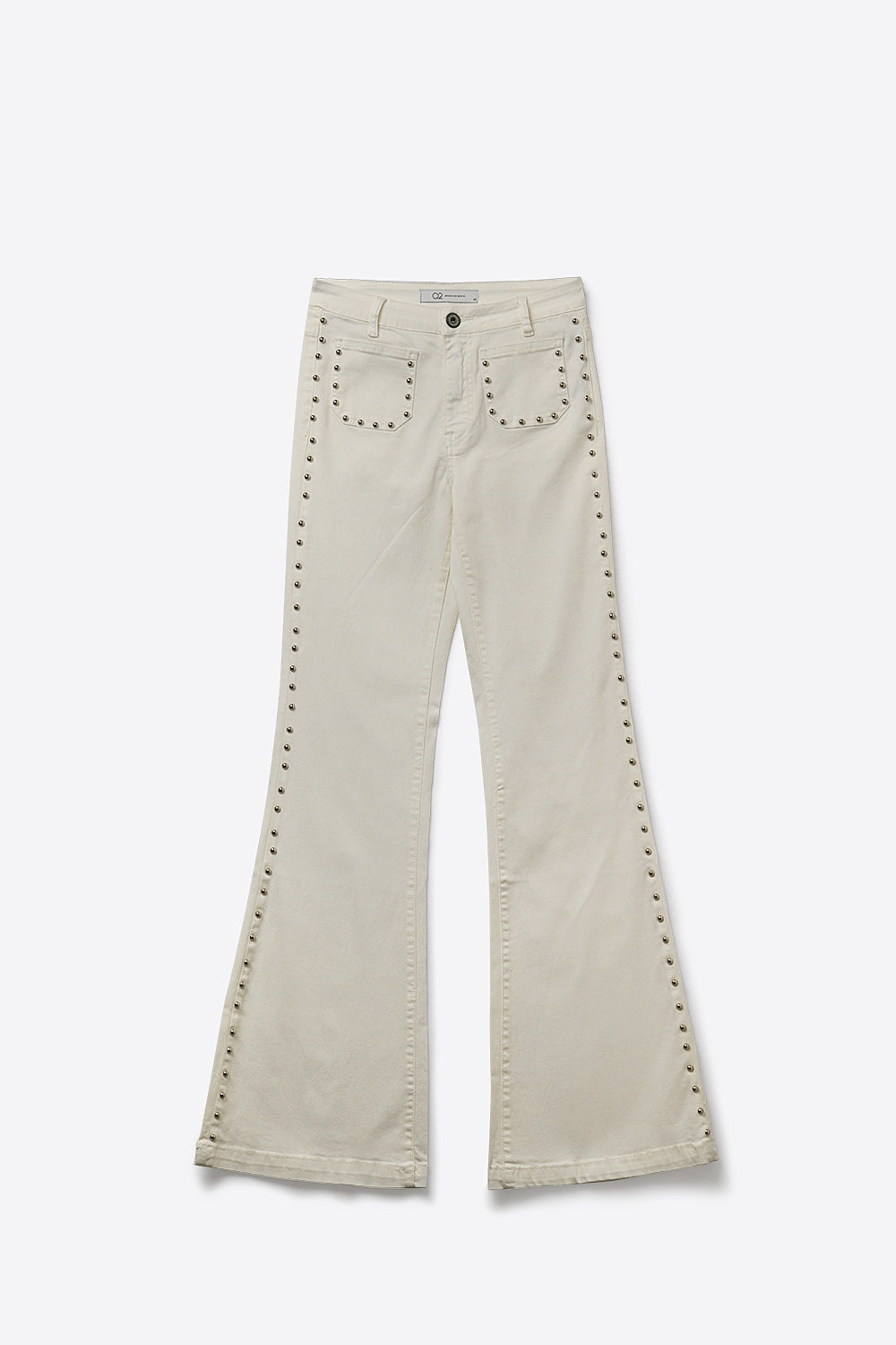 UNIKCOSA Cream Flared Jeans with Studded Trim Detail