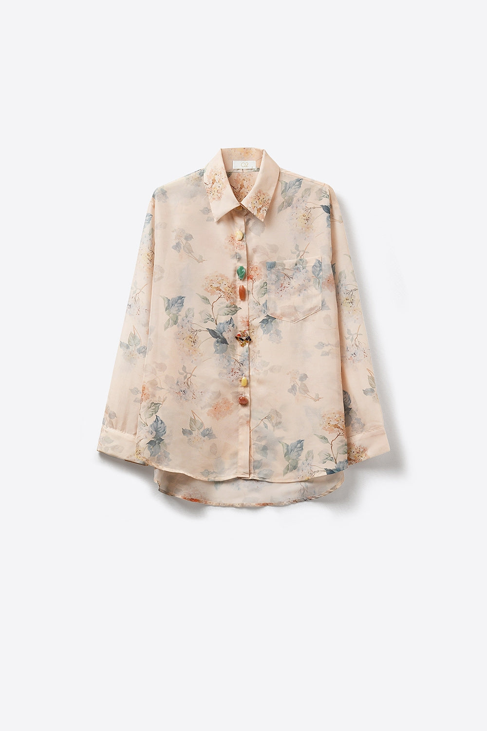 Beige Floral Print Button-Up Sheer Blouse