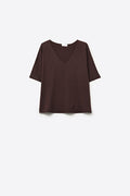 Brown Relaxed V-Neck Knit Top with Short Sleeves
