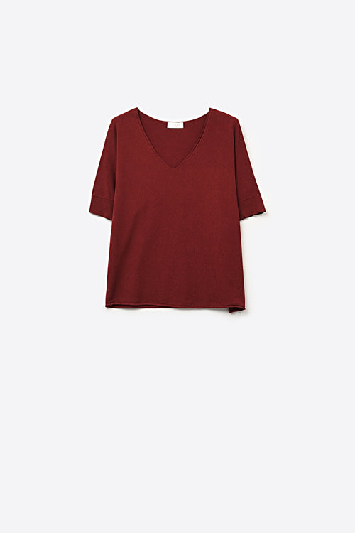 Burgundy Relaxed V-Neck Short Sleeve Knit Top — view 2 of 5