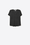 Fine and soft knit sweater with V-neck and lace trim in black