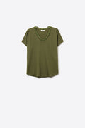 Fine and soft knit sweater with V-neck and lace trim in khaki