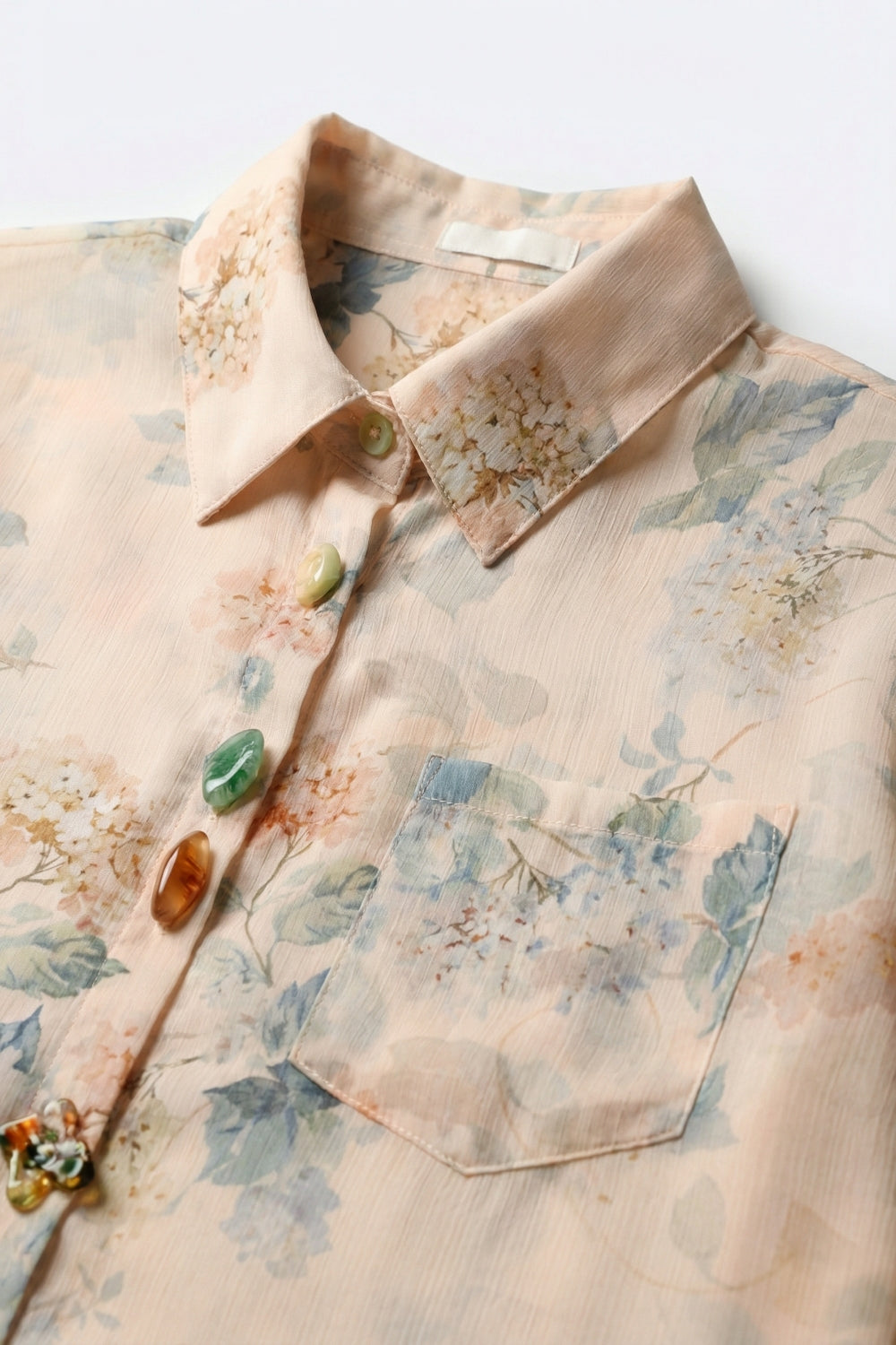 Beige Floral Print Button-Up Sheer Blouse