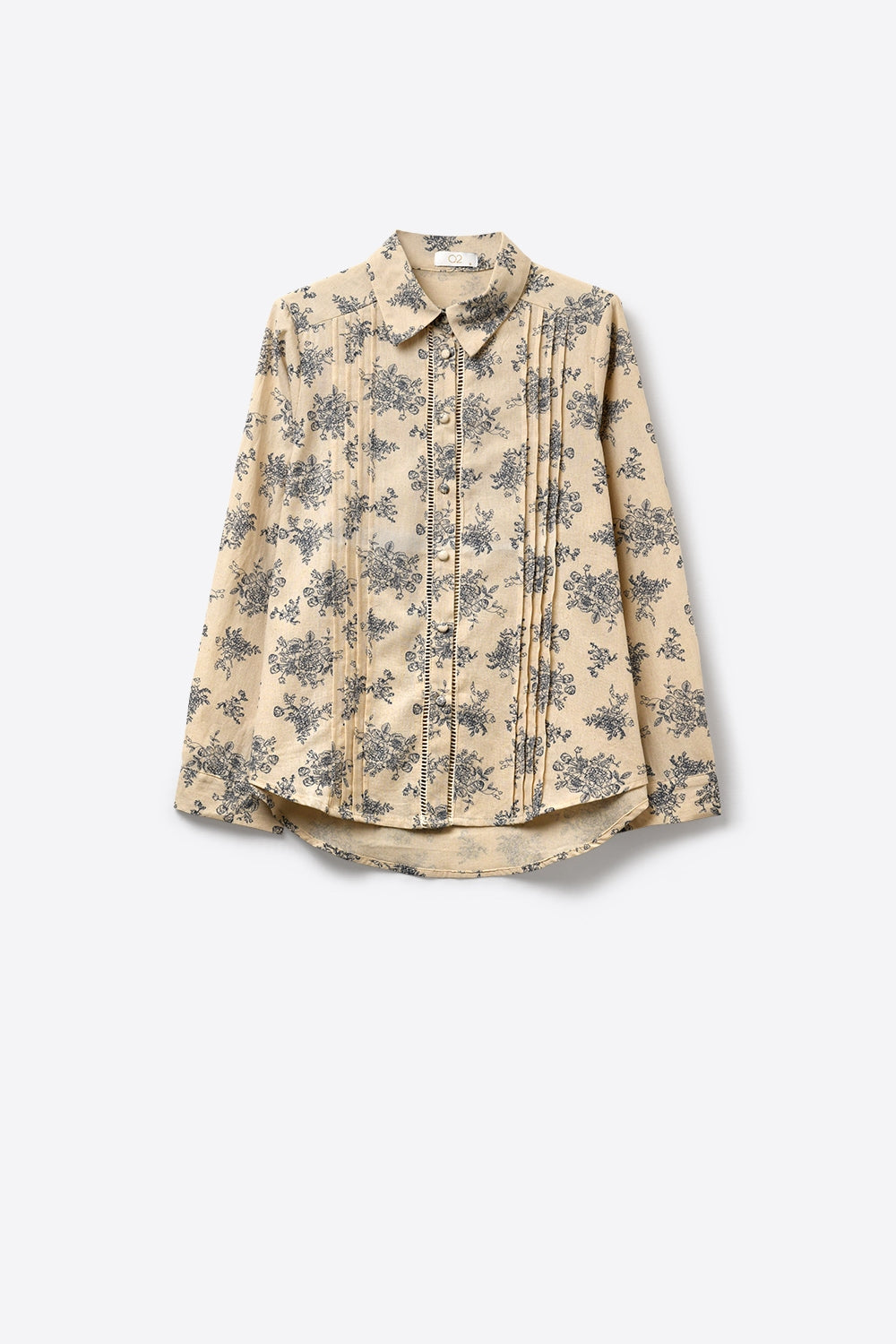 Beige Floral Printed Button-Up Shirt with chrochet Detail