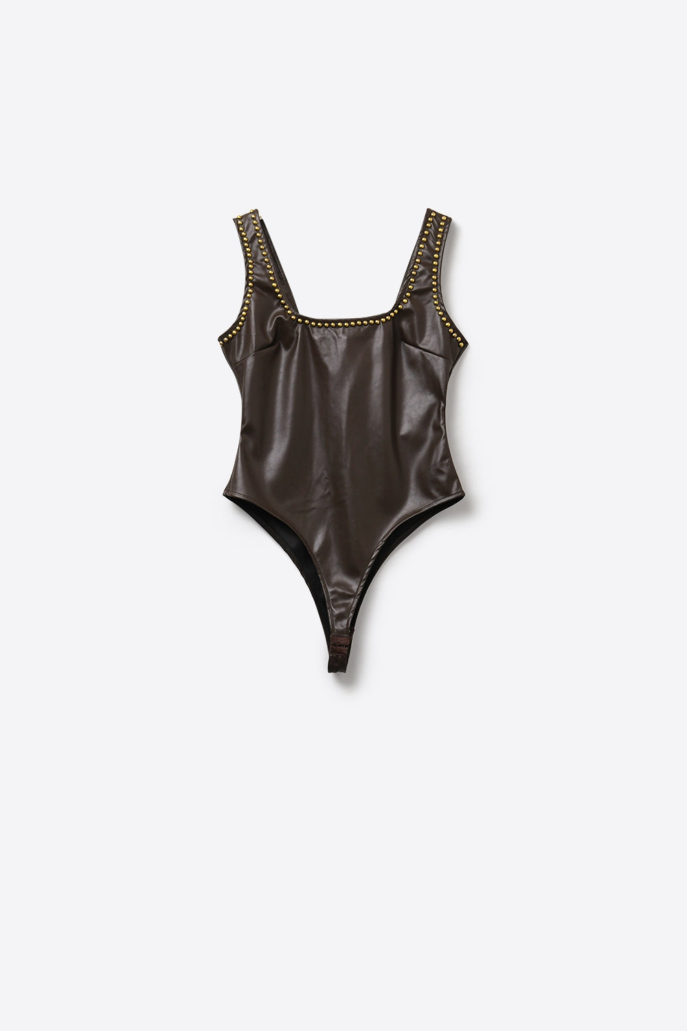 Brown Faux Leather Bodysuit with Stud Detail