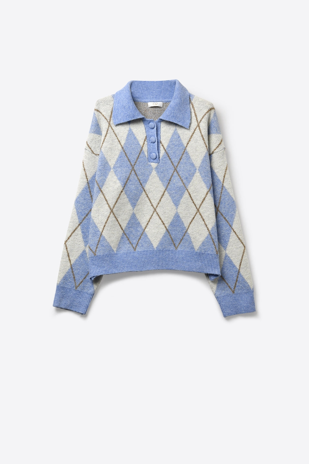 Fluffy Argyle Knit Sweater in blue with Polo Collar