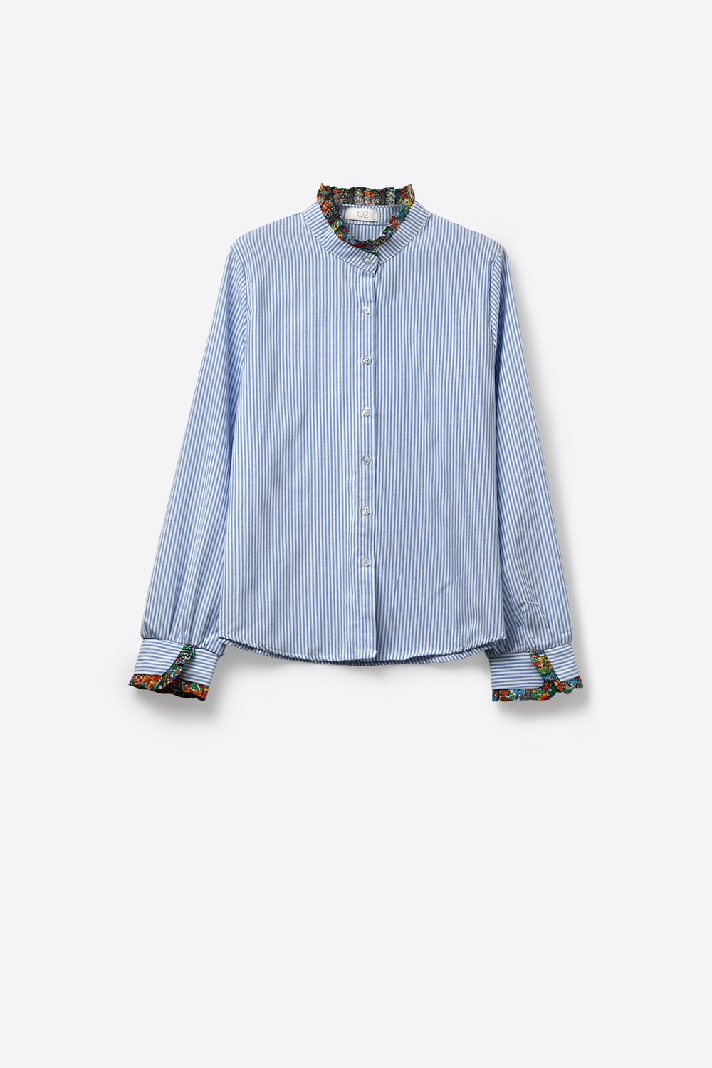 Light Blue Striped Button-Up Shirt with Floral Trim