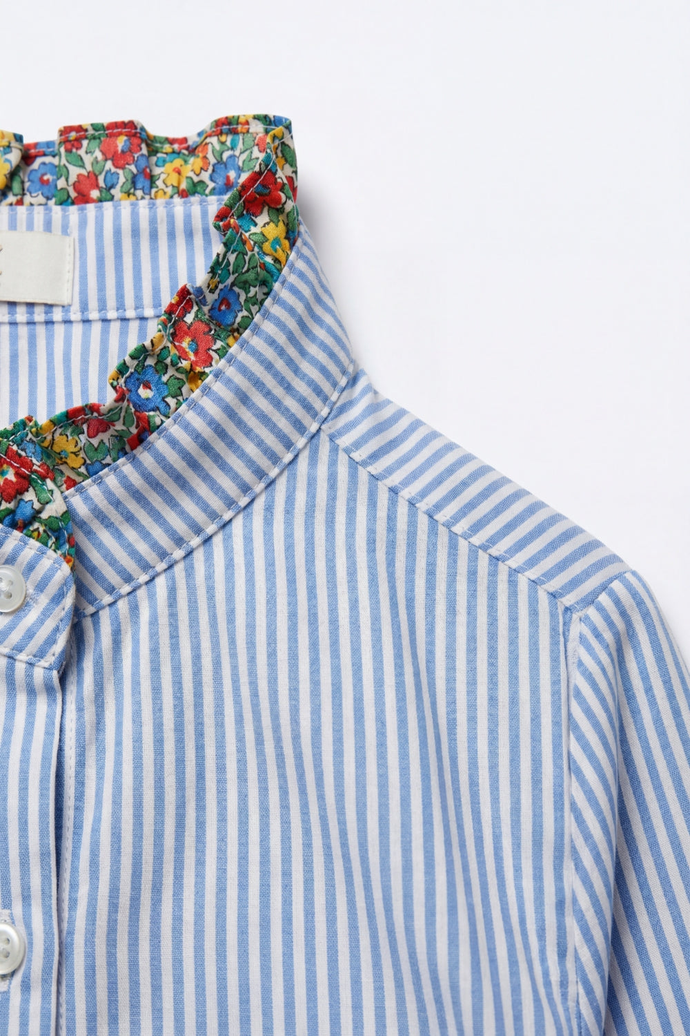 Light Blue Striped Button-Up Shirt with Floral Trim