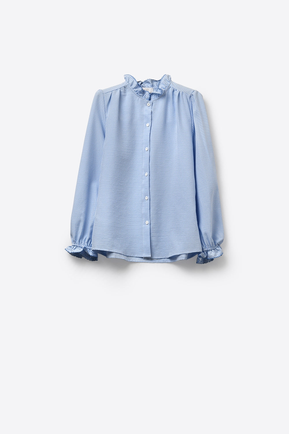 Light Blue Gingham Ruffle Collar Button-Up Shirt