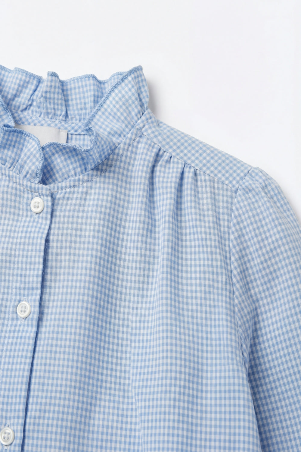 Light Blue Gingham Ruffle Collar Button-Up Shirt