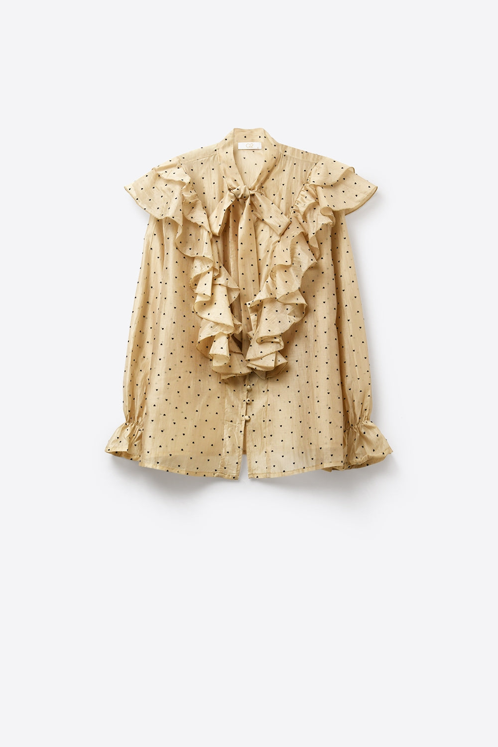 Beige Polka Dot Ruffled Tie-Neck Blouse