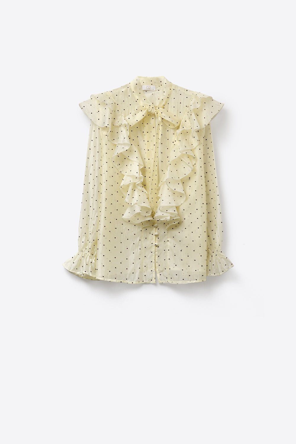 Cream Polka Dot Ruffle Front Blouse with Frilled Cuffs