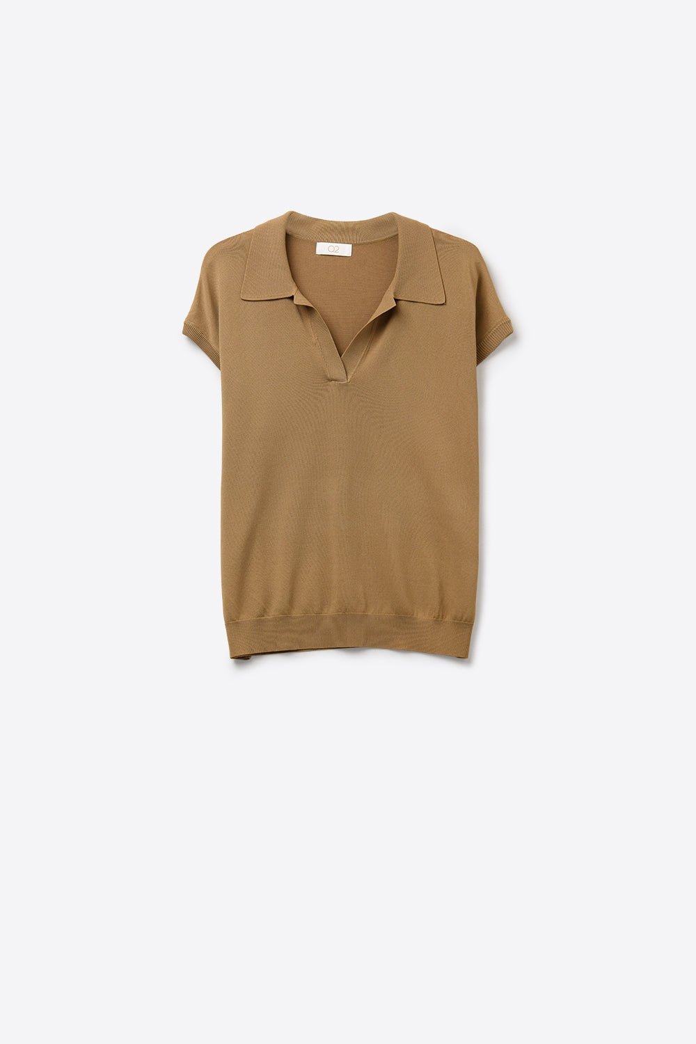 Camel fine Knit Polo Top with Short Sleeves