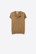 Camel fine Knit Polo Top with Short Sleeves