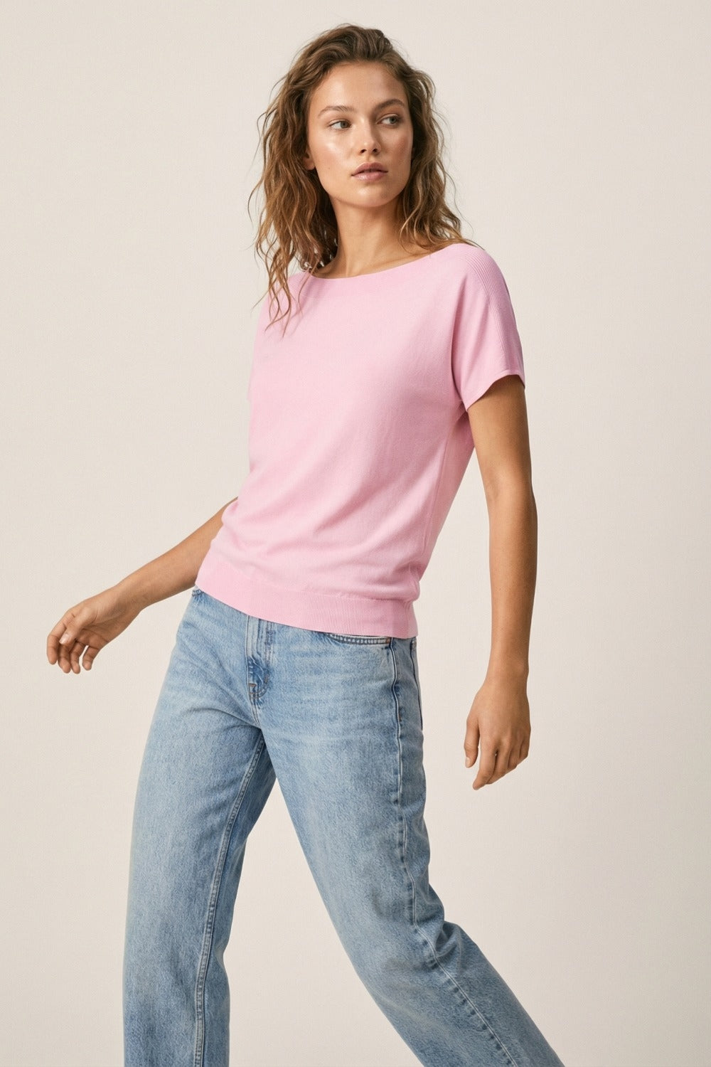 UNIKCOSA Relaxed baby pink boatneck sweater with dropped sleeves