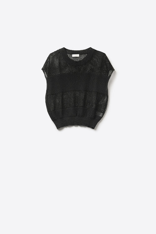 Black Open Knit Relaxed Fit Cap Sleeve Sweater — view 2 of 4