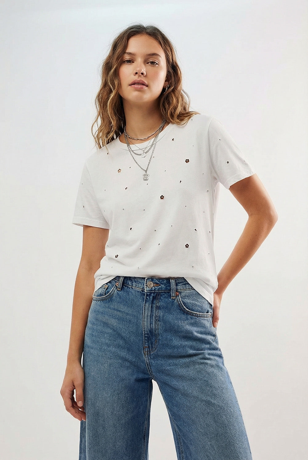 White Cotton T-Shirt Embellished with Strass Details