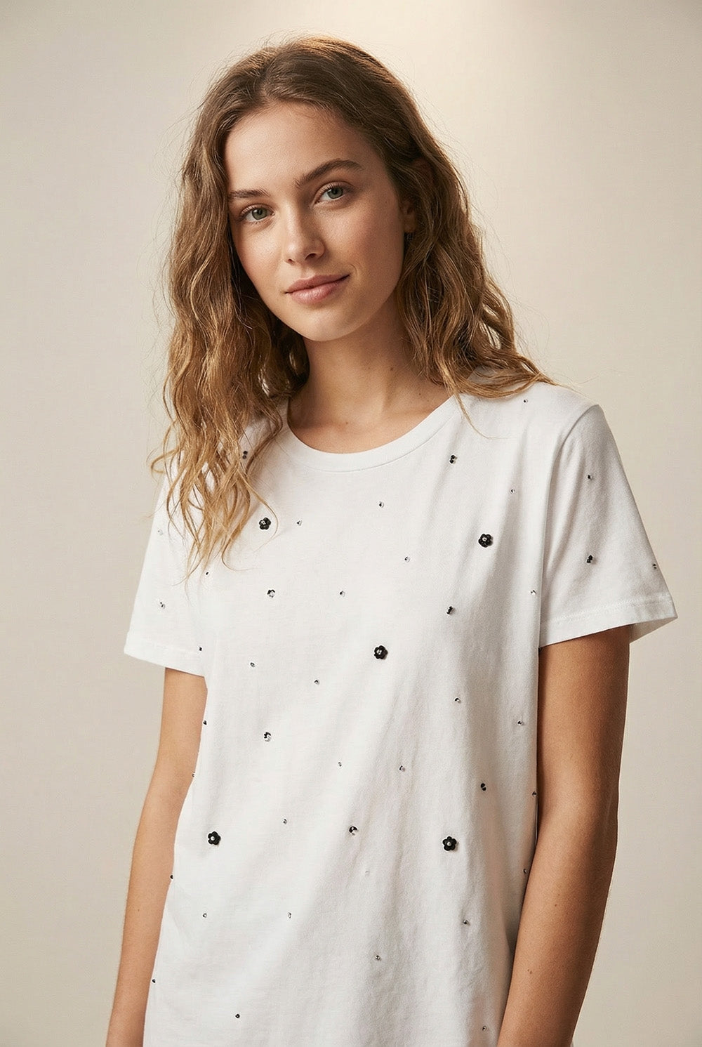 White Cotton T-Shirt Embellished with Strass Details