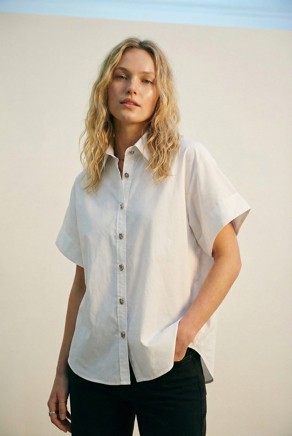 White Short-Sleeve Kimono Shirt with silver buttons