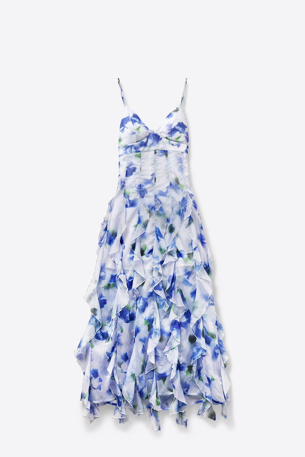UNIKCOSA White and Blue Floral Maxi Prom Dress with Ruffles