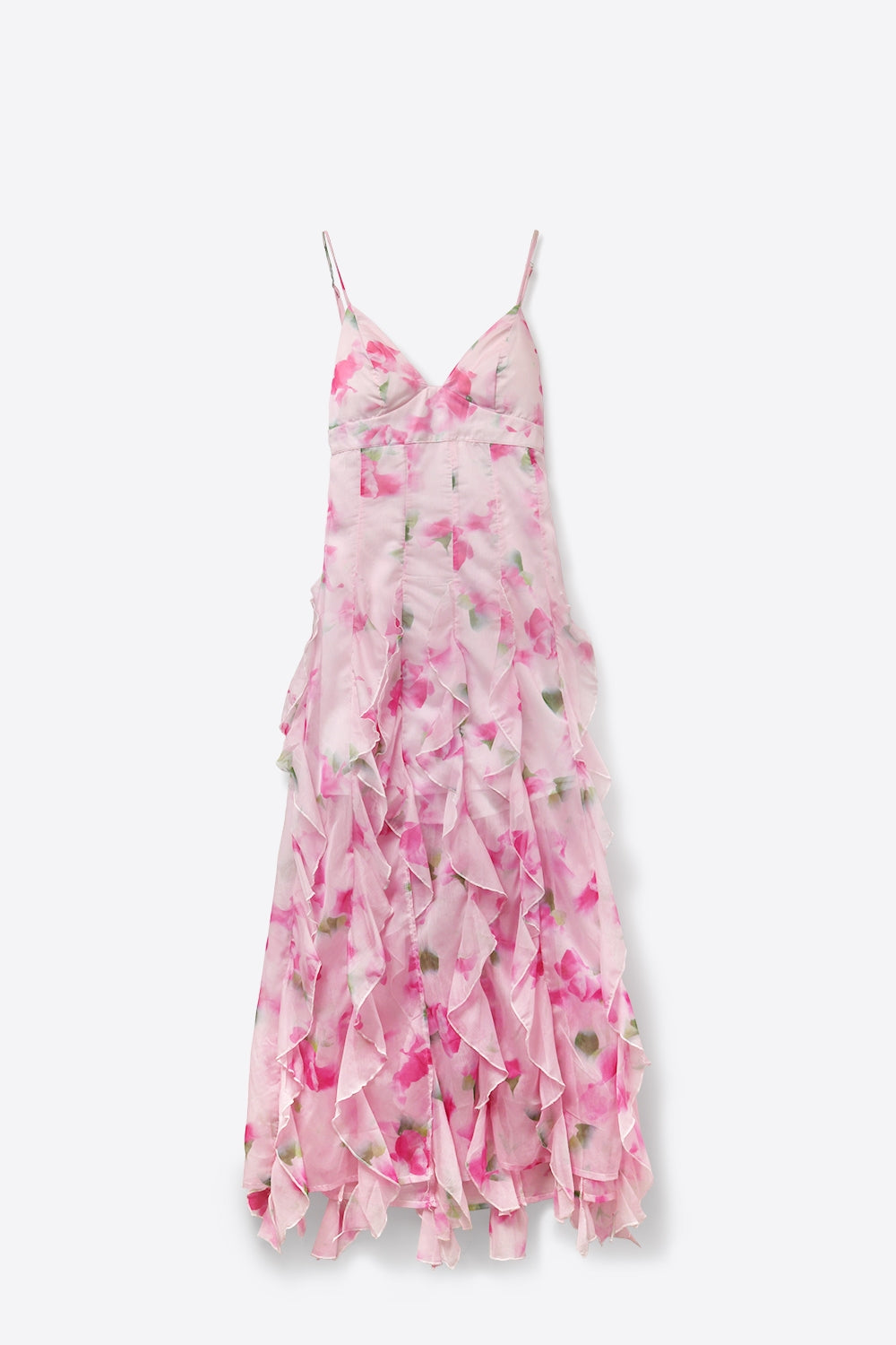 UNIKCOSA White and Pink Floral Maxi Prom Dress with Ruffles