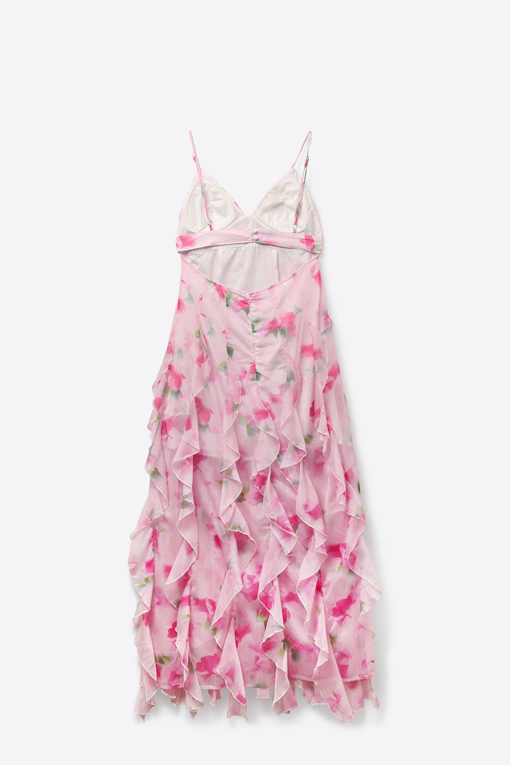 UNIKCOSA White and Pink Floral Maxi Prom Dress with Ruffles