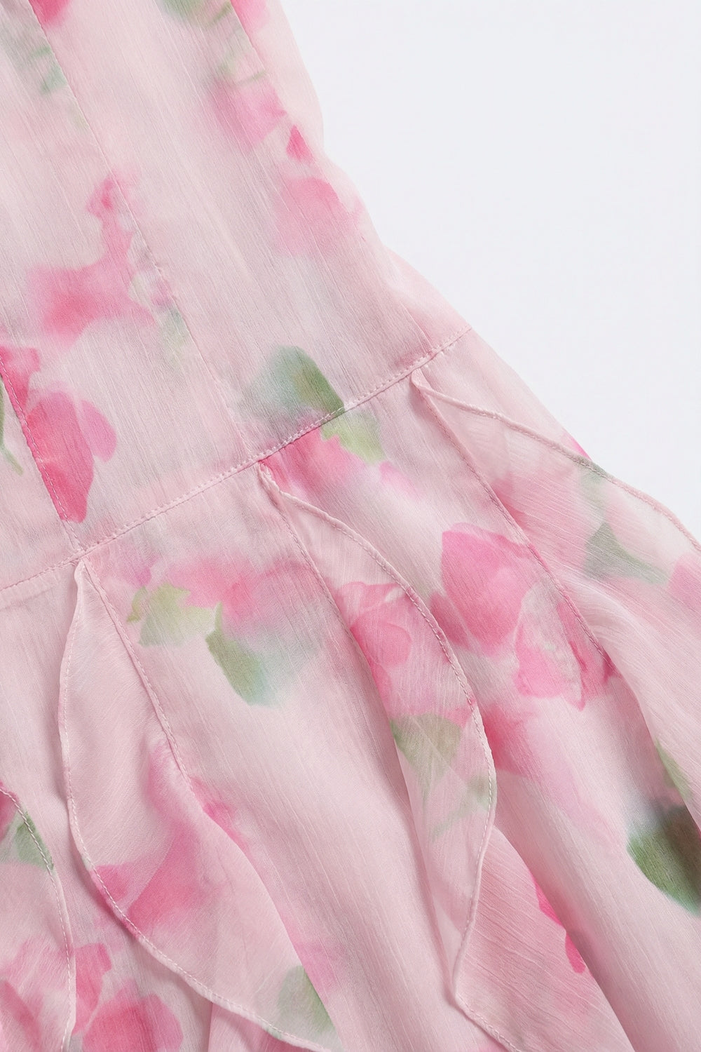 UNIKCOSA White and Pink Floral Maxi Prom Dress with Ruffles