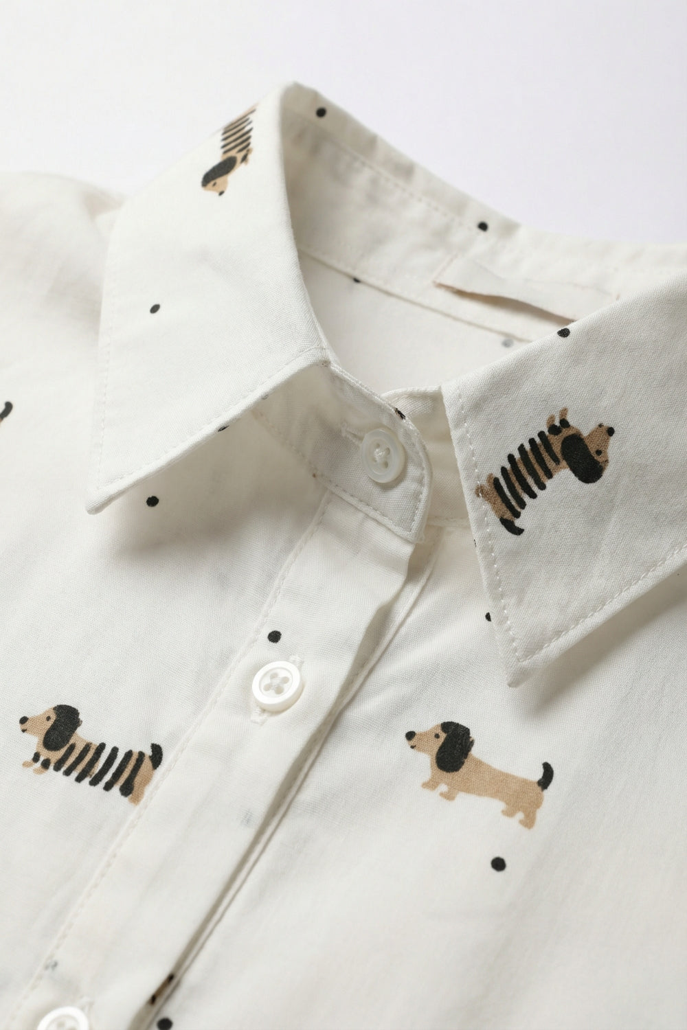 White Button-Up Shirt with Playful Dog Print