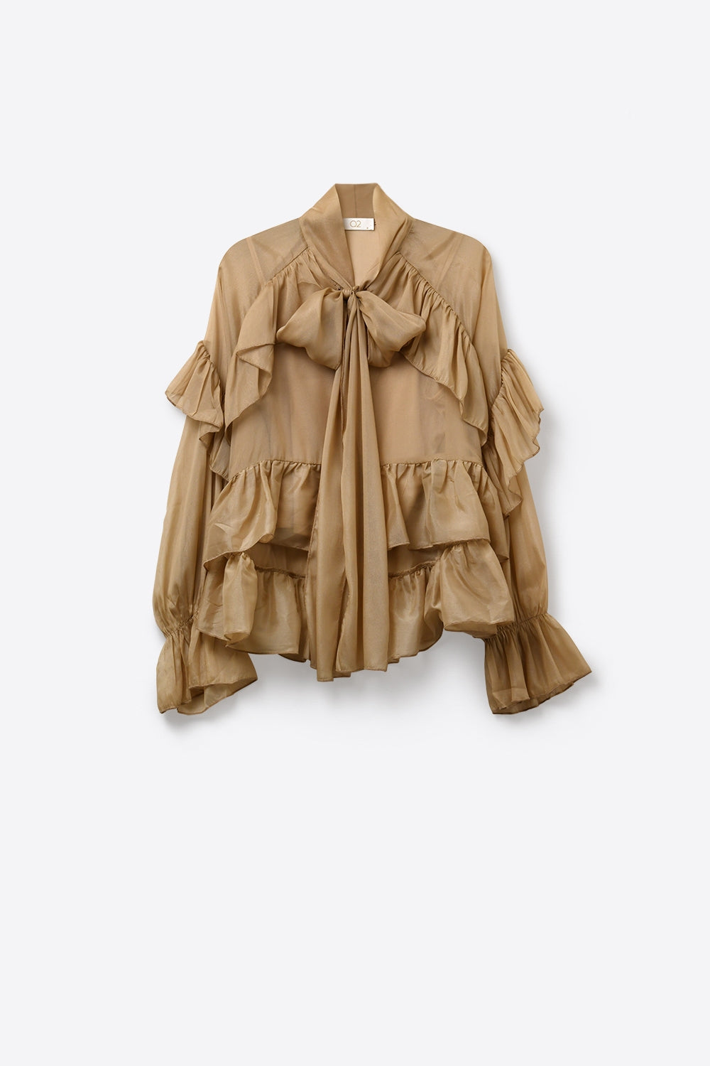 Camel Ruffled Sheer Blouse in chiffon fabric