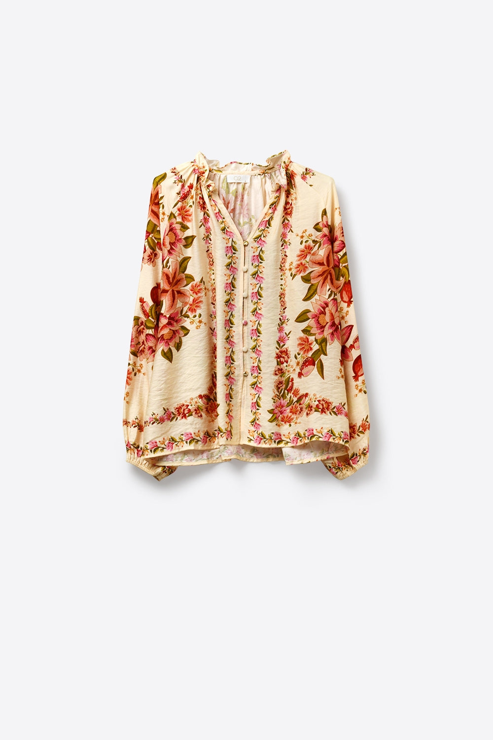 Cream Floral Print Boho Blouse with Drawstring Neck