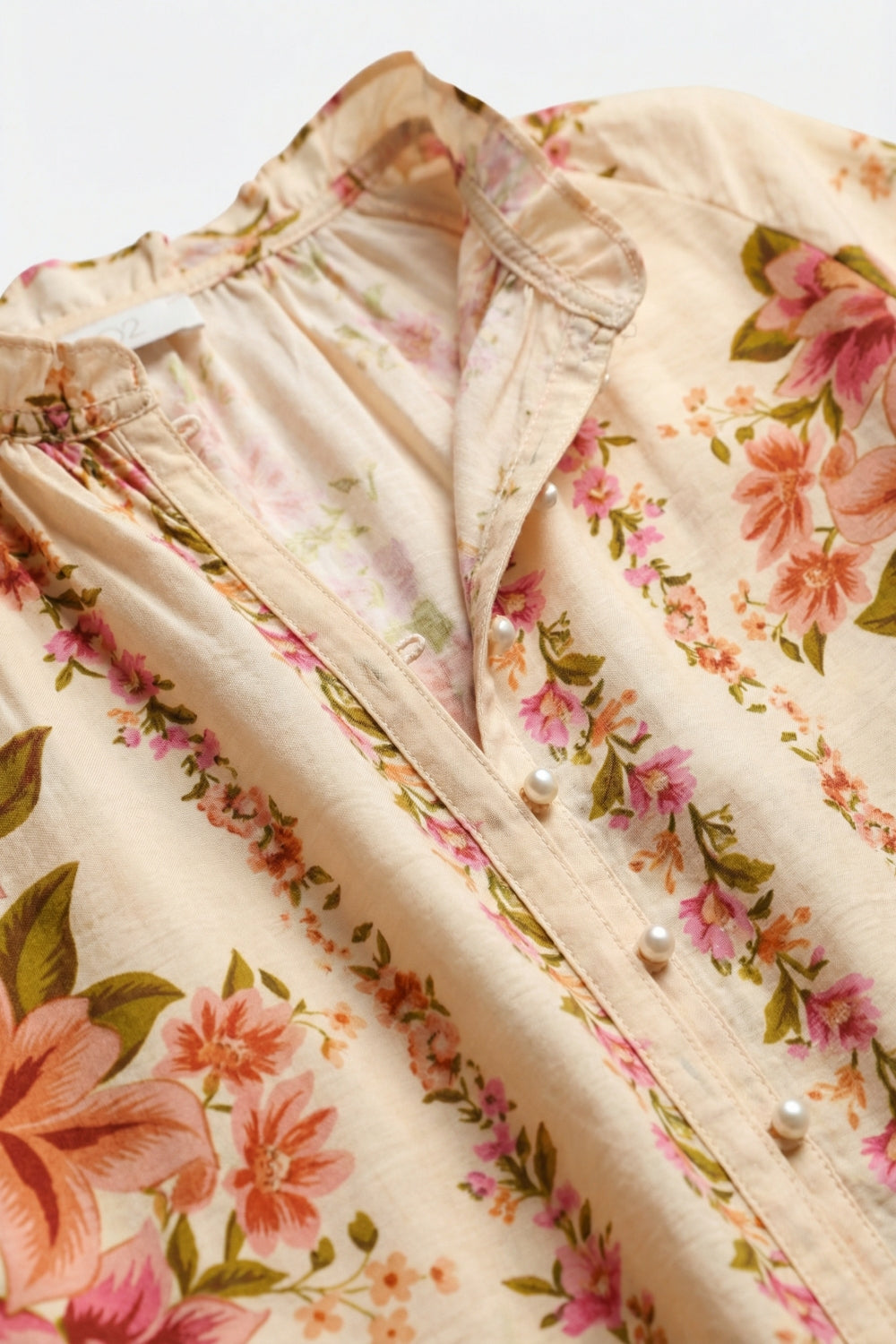 Cream Floral Print Boho Blouse with Drawstring Neck