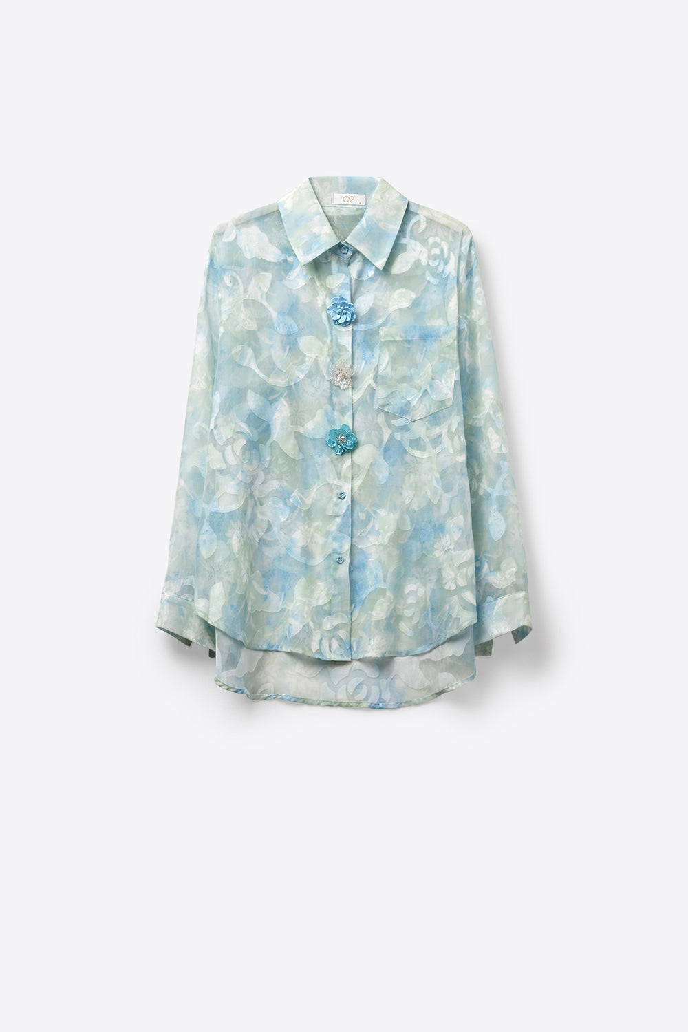 chiffon Lightweight Floral Print Button-Up Shirt in light blue