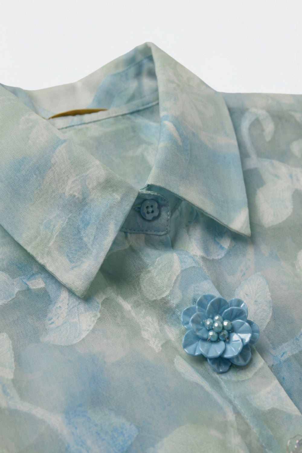 chiffon Lightweight Floral Print Button-Up Shirt in light blue