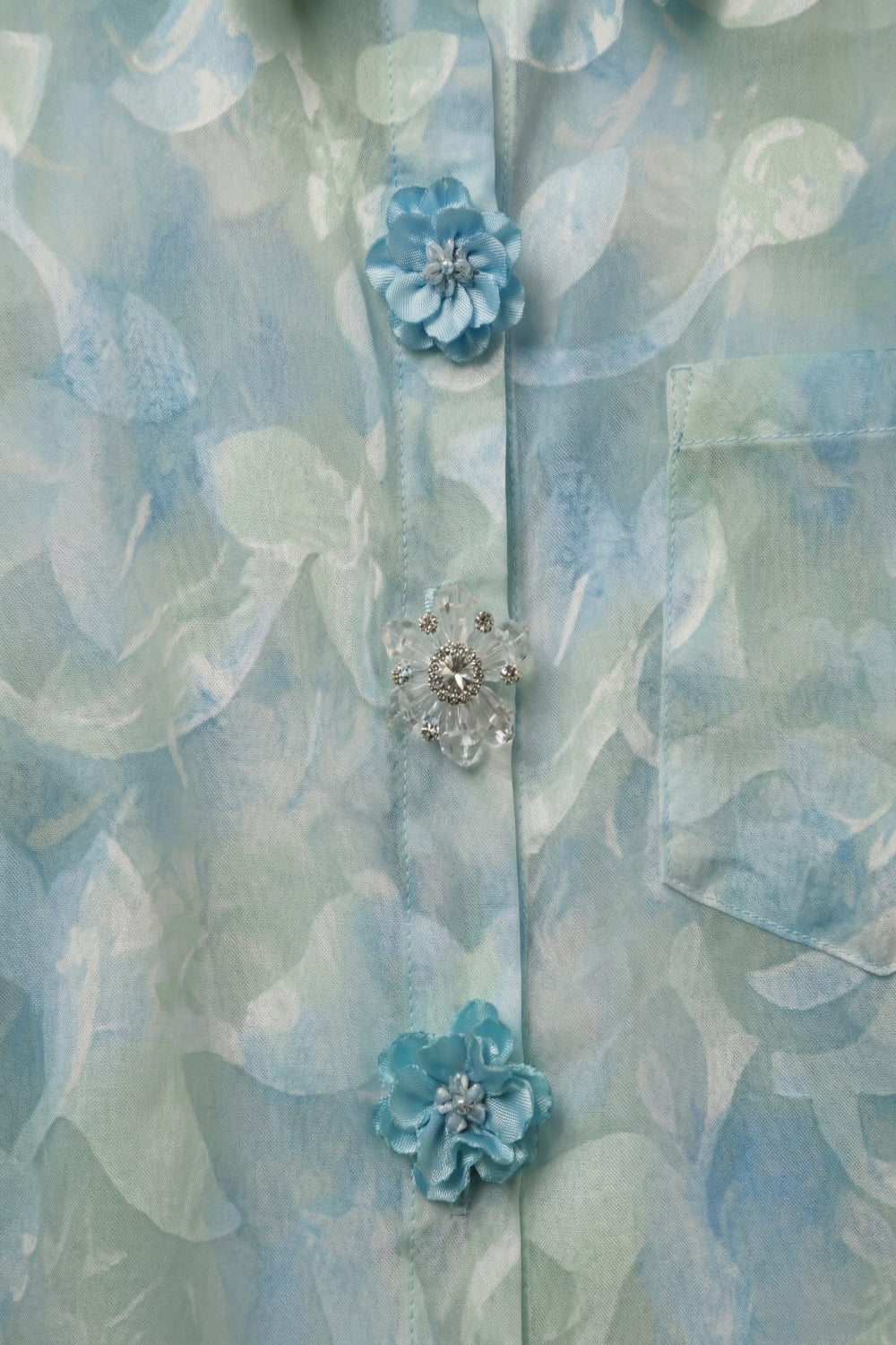 chiffon Lightweight Floral Print Button-Up Shirt in light blue