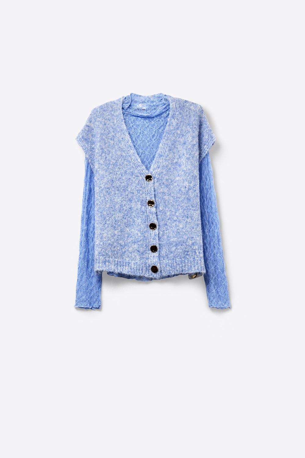Blue Sleeveless Cardigan with Lace Insert and Silver Buttons