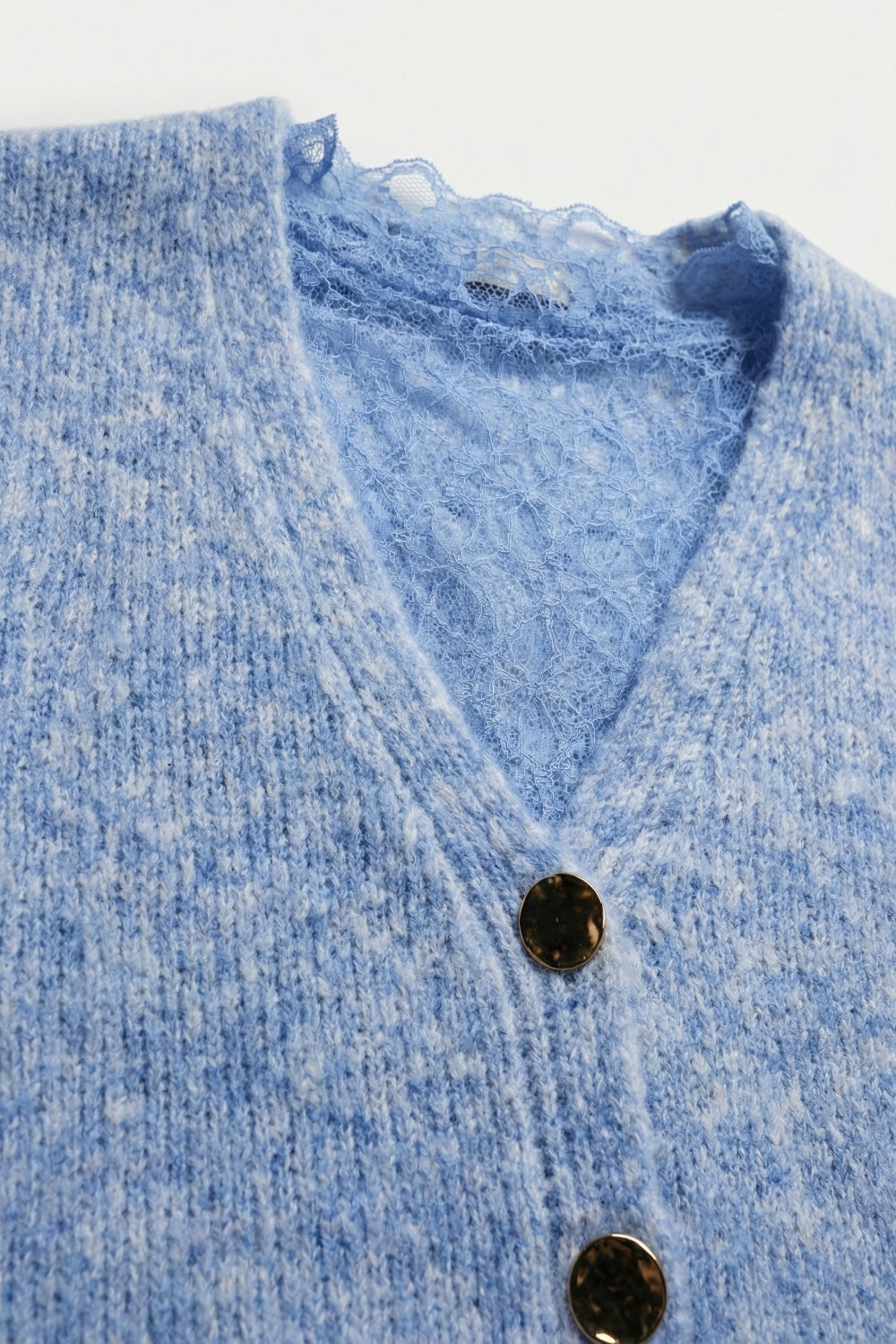 Blue Sleeveless Cardigan with Lace Insert and Silver Buttons