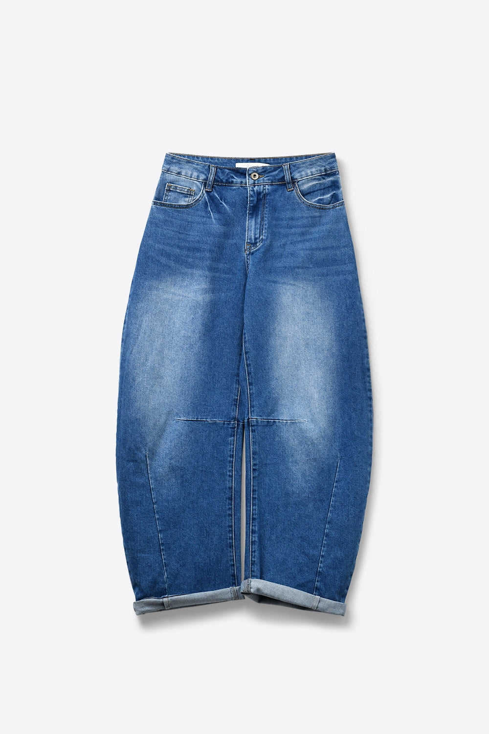 medium wash Barrel jeans with knee seam detail